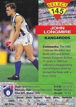 1994 Select AFL #145 John Longmire Back